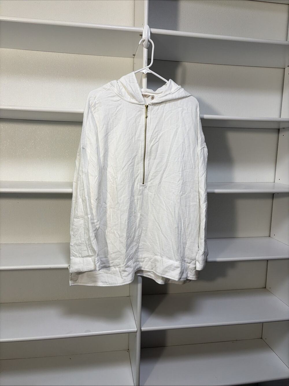Soft Surroundings 100% Cotton Lightweight Hooded 1/2 Zip White Gauzey